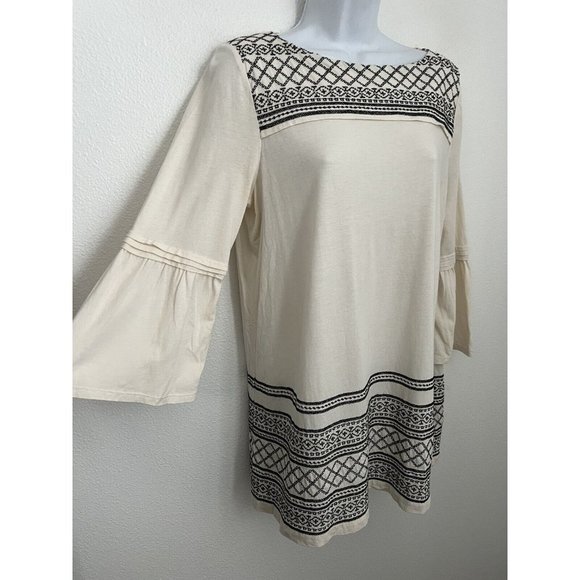 J Jill Embroidered Tunic Top Blouse Cream & Black 3/4 Bell Sleeve Small … - Picture 2 of 7